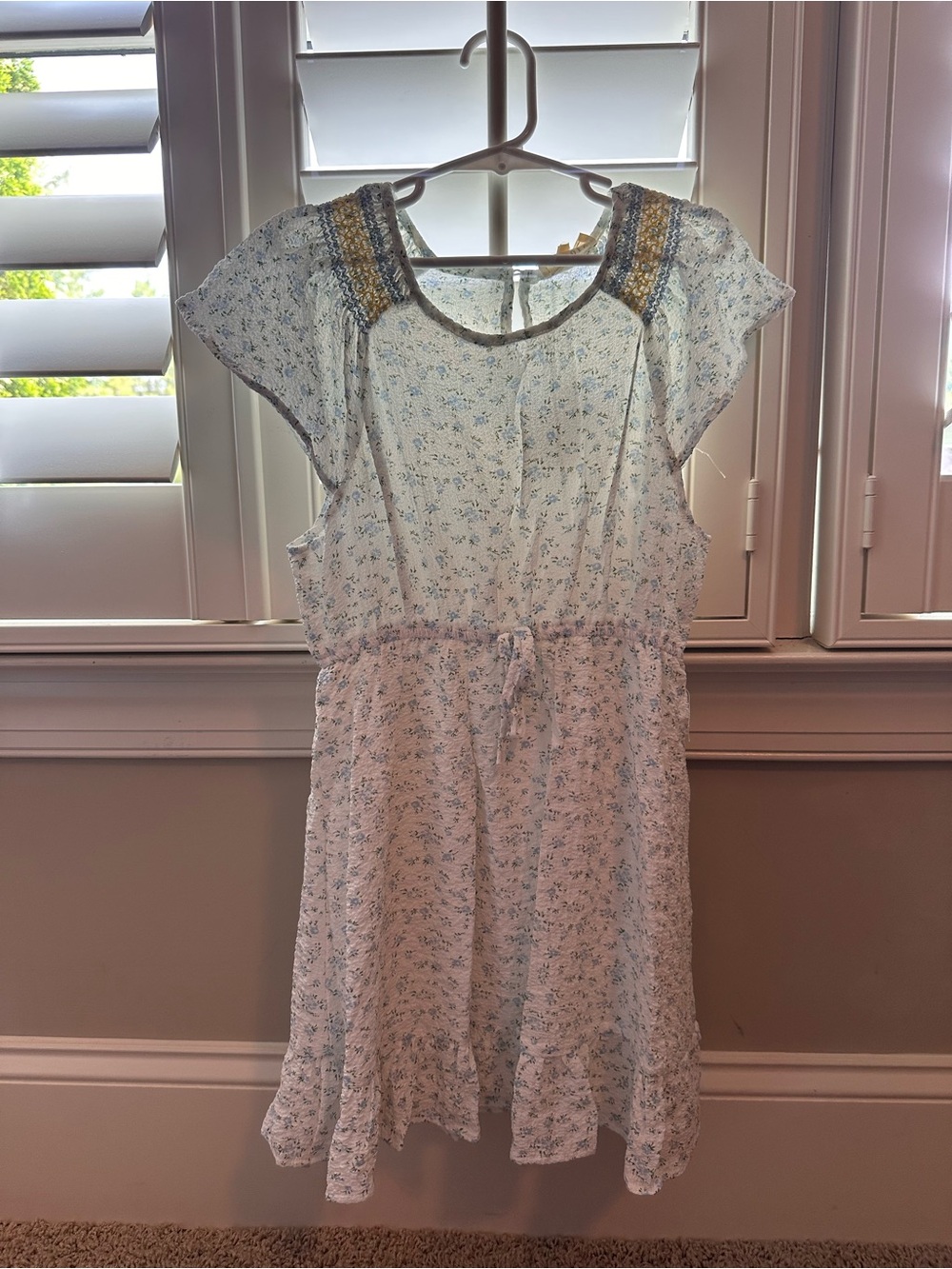 Hayden Girls White Floral Dress with Blue Print and Smocked Yoke